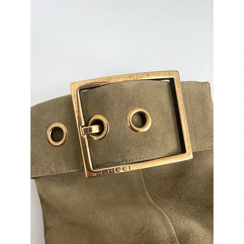 Gucci Kesha Suede Olive Green Ankle Boots Gold Buckle Block Heel Sz 38.5